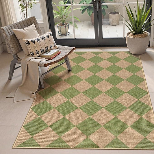 Lahome Green Checkered Easy Jute Rug, 3x5 Washable Outdoor Rug Neutral Rug for Entryway, Checkerboard Non Slip Non Shedding Floor Carpet for Living Room Front Door Porch