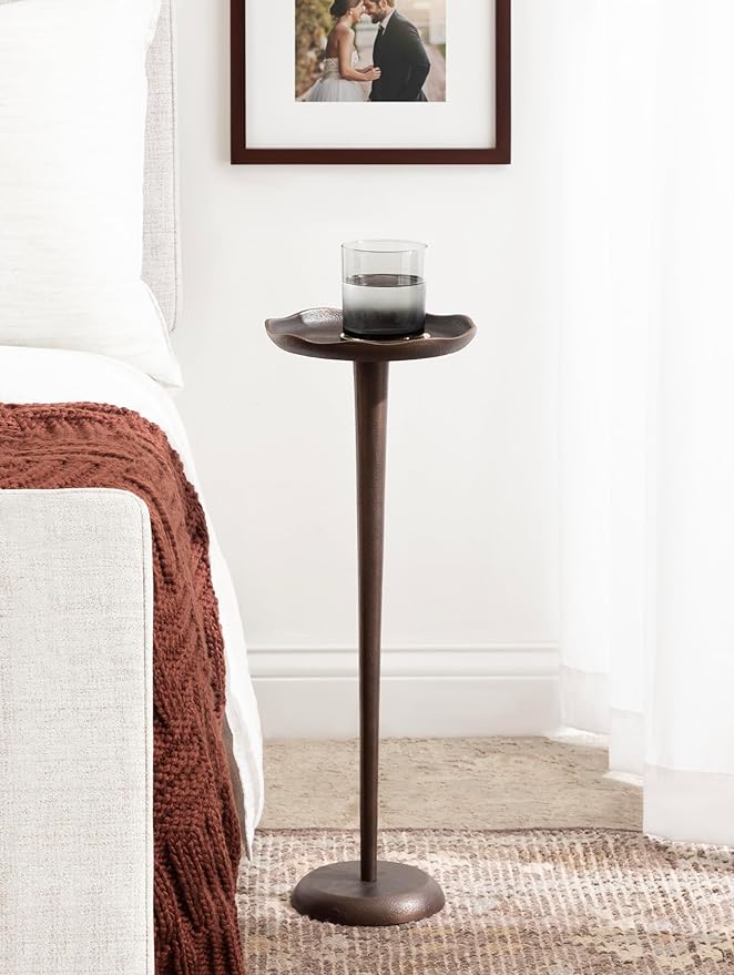 Kate and Laurel Alessia Modern Decorative Metal Drink Table, 8 x 8 x 22, Bronze, Round Cast Aluminum Pedestal Plant Stand with Rough Texture and Deckled Edge
