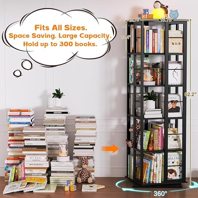 Aheaplus Rotating Bookshelf, Corner Bookcase, 360 Display Wood Spinning Bookshelves, Floor Standing Bookcases Narrow Shelf, 5 Tiers, Black