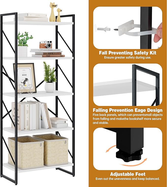 Bookshelf, 5 Tier Bookshelves, Home Office Bookcase Shelf Storage Organizer, Free Standing Storage Shelving Unit for Bedroom, Living Room and Home Office,White