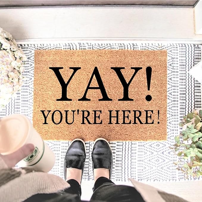 Yay You're Here Funny Coir Doormat - Natural Brown Entryway Welcome Mat, 23.7 x 15.7 inch