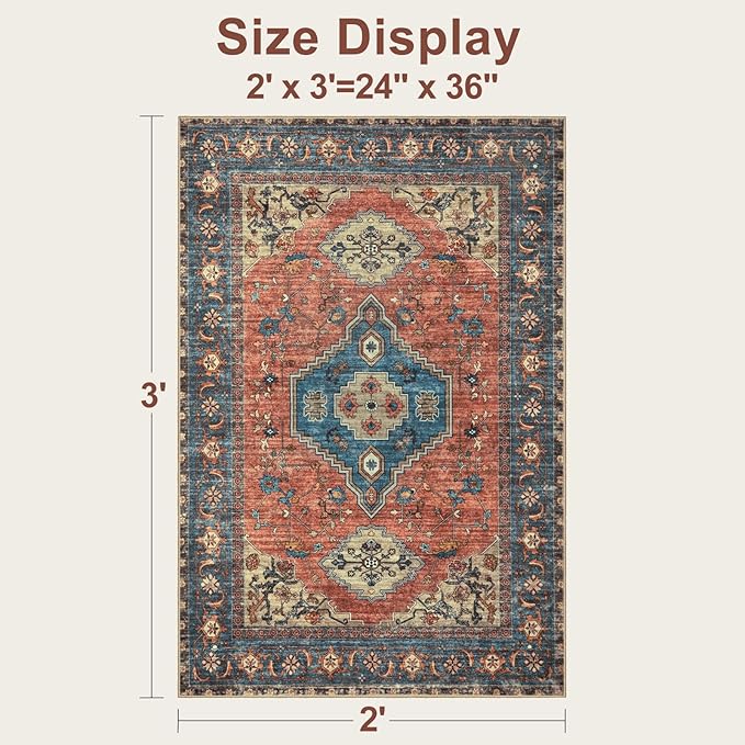 Tangsoo Washable Entryway Rugs 2x3 Vintage Non Slip Small Area Rug, Indoor Front Door Rug, Print Distressed Door Mat Indoor Entrance Soft Low Pile Throw Rug for Entry Kitchen BedroomTerracotta