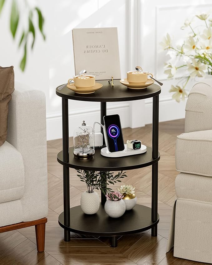 Small Round Side Table - 3-Tier Oval Accent Table for Small Spaces, Rustic Wood and Metal Nightstand for Living Room or Bedroom, Built-in USB Ports and Power Outlet, Charcoal Wenge