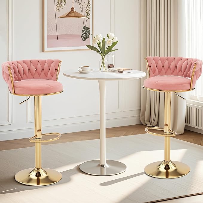 VECELO Bar Stools Set of 2, Adjustable Barstools Counter Height Stools with Back and Arm, Velvet Woven Kitchen Island Stools w/Gold Metal Leg & Base, 360° Swivel Bar Chair, Pink