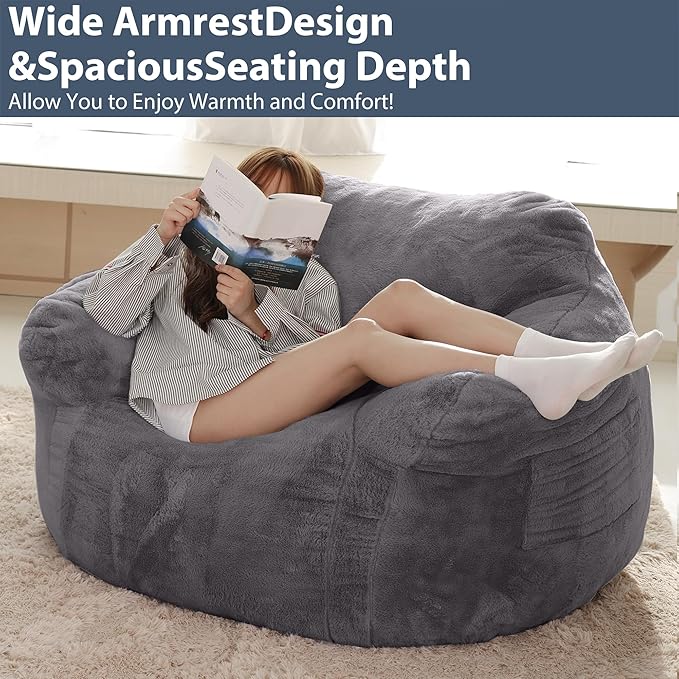 Large Bean Bag Chairs for Adults - Oversized Memory Foam Filled Bean Bag Sofa | Fluffy Adult Bean Bag Chair, Big Bean Bag Chairs for Living Room, Bedroom & Dorm - Dark Gray