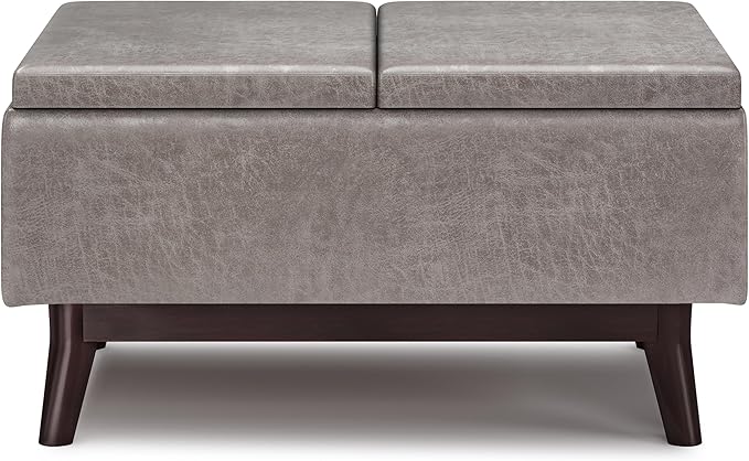 SIMPLIHOME Owen 34 inch Wide Mid Century Modern Rectangle Tray Top Small Coffee Table Storage Ottoman in Distressed Grey Vegan Faux Leather, Assembled, For the Living Room, Entryway and Family Room