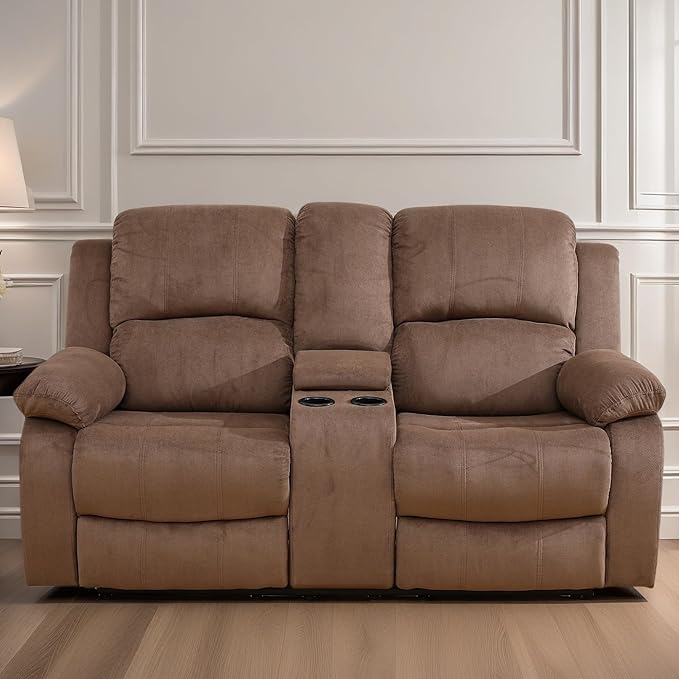 Loveseat Recliner Sofa, Reclining Loveseat Couch with Storage Console, Modern Comfy Home Theater Seating Power Recliner Chair with Cup Holders for Living Room Furniture Sets, Brown