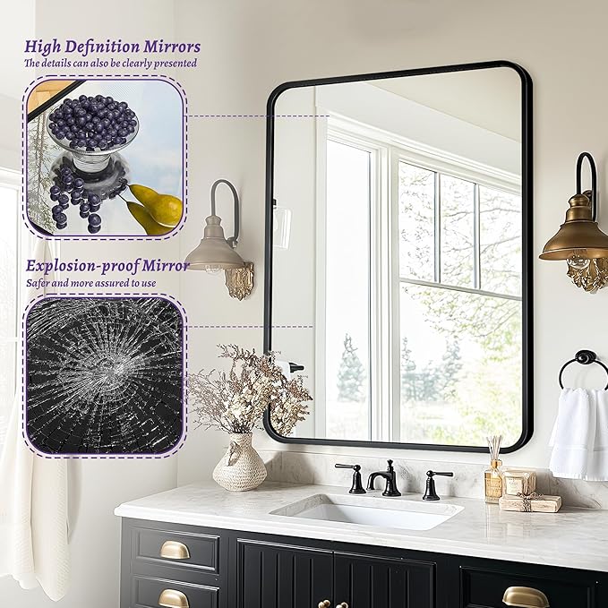 Bathroom Mirror, 40" x 30" Wall Mirror, Rectangular Aluminum Alloy Frame Contemporary Hanging Mirror for Living Room Bathroom Entryway, Black Rounded Corner