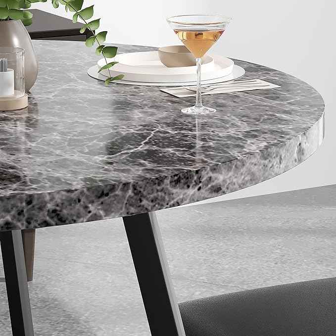 VECELO Small Round Dining Table Set for 2, Wood Tabletop with Strong Metal Frame, Modern Dinette with Chairs for Kitchen, Breakfast Nook Living Room, Faux Marbled & Grey