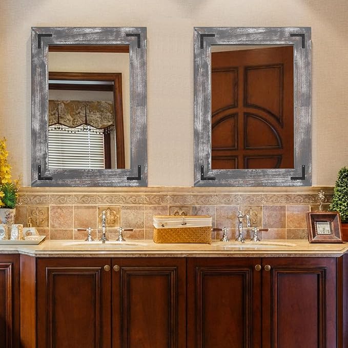 YOSHOOT Rustic Wooden Framed Wall Mirror, Natural Wood Bathroom Vanity Mirror for Farmhouse Decor, Vertical or Horizontal Hanging