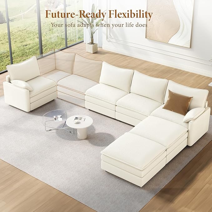 Vesgantti 142" U Shaped Sectional Couch, Comfy Cloud Modular Sectional Sofa with 2 Ottoman Deep Seat Chenille Modern Cloud Sofa, Modular Sofas for Living Room, Bedroom and Apartment, Snow White