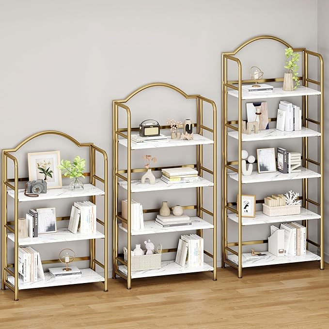 No-Assembly Gold Folding Bookshelf Storage Shelves 5 Tiers Vintage Multifunctional Plant Flower Stand Storage Rack Shelves Bookcase for Home Office