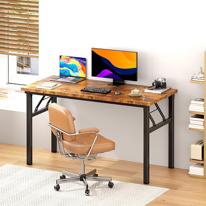 SDHYL 47 inchesNo Assembly Foldable Computer Desk for Home Office Workstation, Study and Writing, Rustic Brown