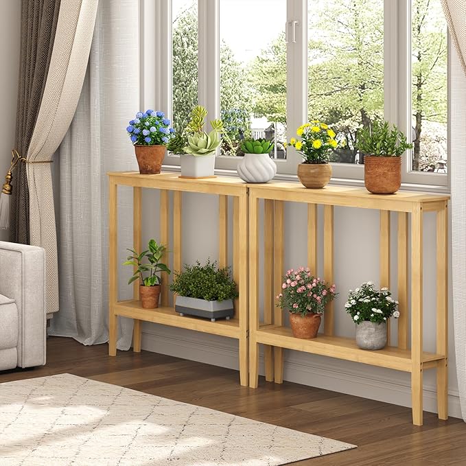 ELYKEN Console Tables for Entryway, 36.2" Long 2 Tier Hallway Table Behind Couch, 7” Narrow Sofa Table for Entrance, Entry, Living Room, Natural