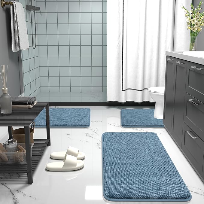 OLANLY Thick Memory Foam Bath Mat Rug 30x20, Extra Soft Absorbent Bathroom Rug, Quick Dry Bath Mats, Non-Slip, Machine Washable Carpet for Bathroom, Tub and Shower, Home Decor Accessories, Airy Blue
