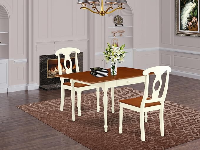 East West Furniture MZKE3-WHI-W 3 Piece Dining Table Set for Small Spaces Contains a Rectangle Dining Room Table with Dropleaf and 2 Wood Seat Chairs, 36x54 Inch, Buttermilk & Cherry