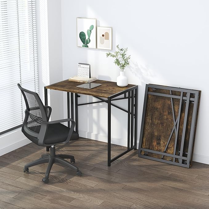 32 inch Small Folding Computer Desk, Writing Gaming Computer Desk for Small Spaces, No Assembly Required Home Office Desk, Rustic Brown