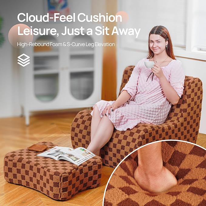 Giant Bean Bag Chair for Adults with Ottoman, Teddy Fabric Beanbag Chair with Memory Foam Filled,Plush Lazy Floor Sofa with Footstool Couch for Living Room,Bedroom,Dorm, Apartment, Brown