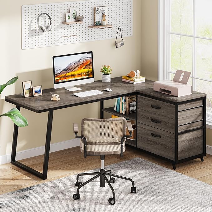 Tribesigns L-Shaped Desk with 3 Drawers, Reversible Corner Home Office Computer Desk with Shelves, 53-Inch Industrial PC Desk Study Writing Table Workstation for Small Space, Grey