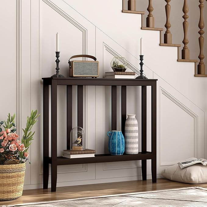 ELYKEN Console Tables for Entryway, 36.2" Long 2 Tier Hallway Table Behind Couch, 7” Narrow Sofa Table for Entrance, Entry, Living Room, Brown