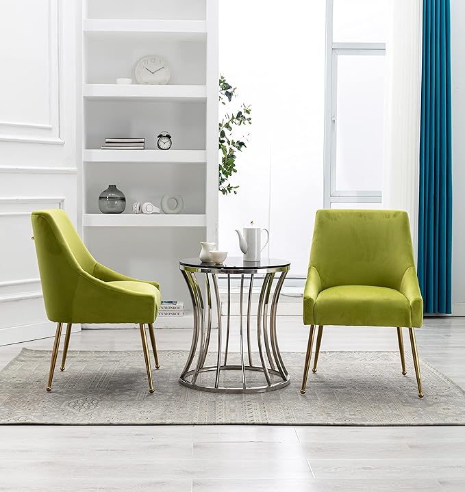 Velvet Dining Chairs, Furniture Collection Modern Contemporary Upholstered with Polished Gold Metal Legs, Set of 4(Yellow Green)