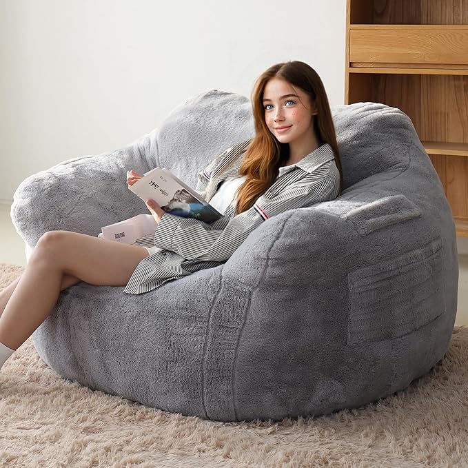 Large Bean Bag Chairs for Adults - Oversized Memory Foam Filled Bean Bag Sofa | Fluffy Adult Bean Bag Chair, Big Bean Bag Chairs for Living Room, Bedroom & Dorm - Gray
