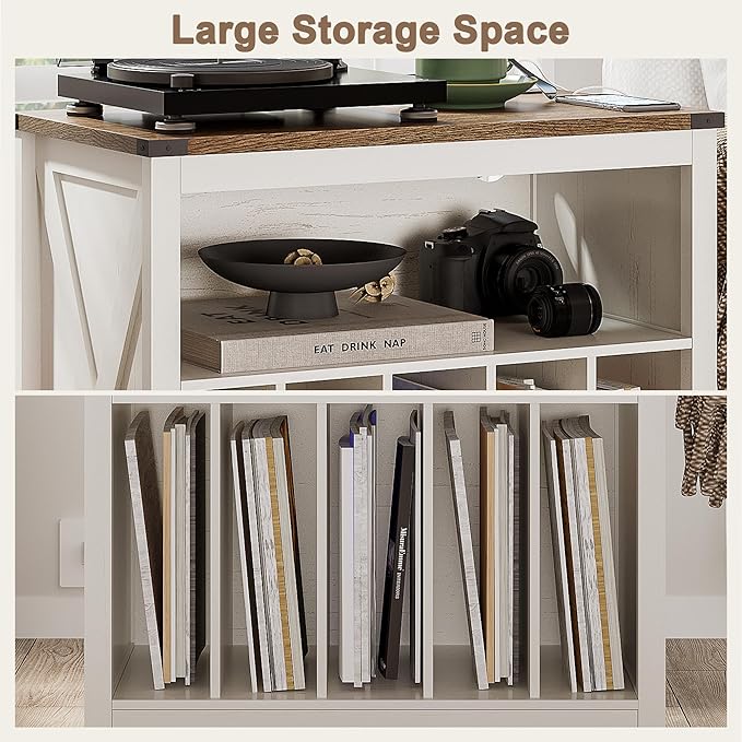ChooChoo Large Record Player Stand with Charging Station & LED Light, Vinyl Record Holder hold up to 300 Albums, Farmhouse End Table for Bedroom, Living Room, Soft White