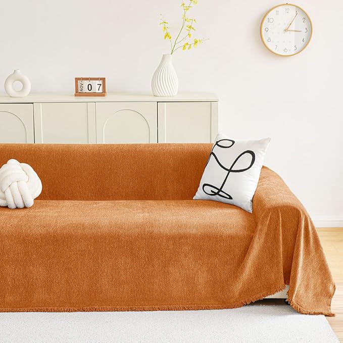 hyha Couch Cover for Dogs, Boho Sofa Covers for 3 Cushion Couch Washable, Chenille Sofa Slipcover for Pets, Soft Loveseat Sectional Couch Throw Blankets with Tassels (Orange, 71x150 Inch)