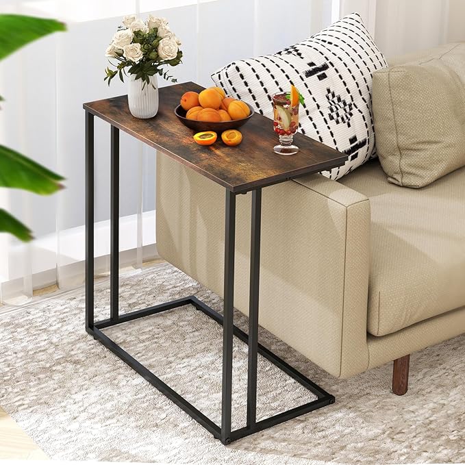 C-Shaped Side Table, Modern End Table with Metal Frame, Space Saving Design for Living Room，Large Surface Couch Table for Bedroom, and Home Office，24 x 12 x 24 inches (Brown)