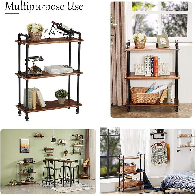 Industrial Bookshelf, 3 Tier Pipe Shelving, Industrial Pipe Shelf - Rustic Brown, 29.5" L x 11.8" W x 39" H
