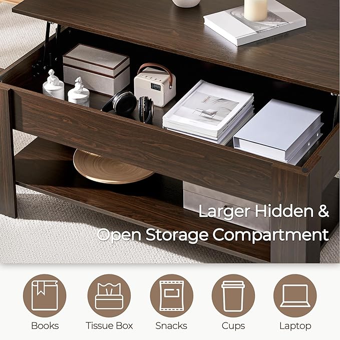 Yaheetech Lift Top Coffee Table with Hidden Compartment and Storage Shelf, Rising Tabletop Dining Table for Living Room Reception Room, 47.5in L, Espresso