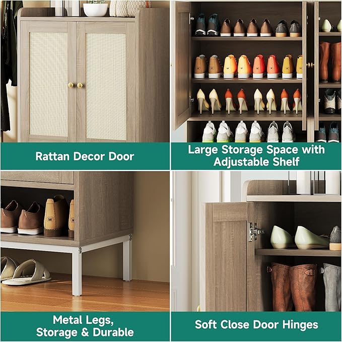 Rattan Shoe Cabinet Storage for Entryway, Shoe Cabinet with Adjustable Shelves for Entryway, 5-Tier, 20 Pair Shoe Rack Storage for Hallway, Closet, Living Room, Natural