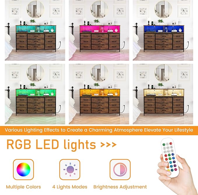 Dresser for Bedroom, Led Dresser TV Stand with Power Outlets and LED Lights, Long Fabric Dressers Wide Chest of Drawers with Large Organizer for Living Room, Entryway, Hallway,Rustic Brown