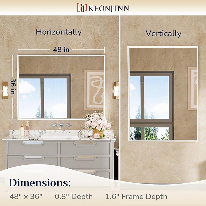 Keonjinn 48” x 36” White Bathroom Vanity Mirror Metal Framed Large Bathroom Mirror for Over Sink Rectangular Wall Mirror Square Corner Farmhouse Matte White Rectangle Mirror(Horizontal/Vertical)