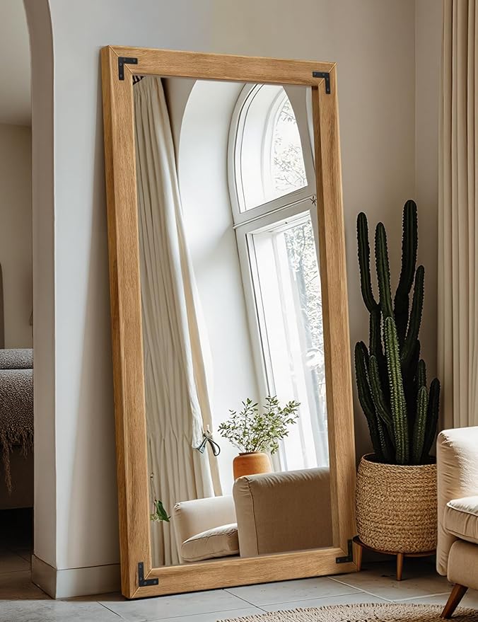 Full Length Mirror with Wooden Frame, 55"X30" Solid Wood Standing Floor Mirror for Farmhouse, Bathroom, Bedroom Decor, Hanging or Leaning Wall-Mounted
