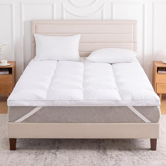 3 Inch White Goose Feather Mattress Topper,Queen Feather Bed Topper,Mattress Cover with Straps,Ultra Soft Pillowtop,100% Organic Cotton Fabric(60”x80”)