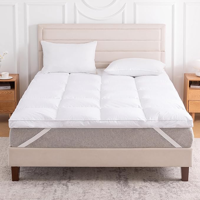 3 Inch White Goose Feather Mattress Topper,California King Size Feather Bed Topper,Mattress Cover with Straps,Ultra Soft Pillowtop,100% Organic Cotton Fabric(72”x84”)