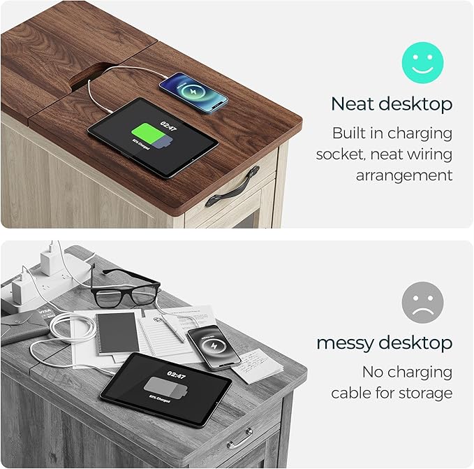LINSY HOME End Table Set of 2 with Charging Station, Modern Farmhouse Sofa Couch Side Table, Wooden Bedside Table for Living Room, Slim Nightstand with Storage Cabinet for Small Space, Glass Door