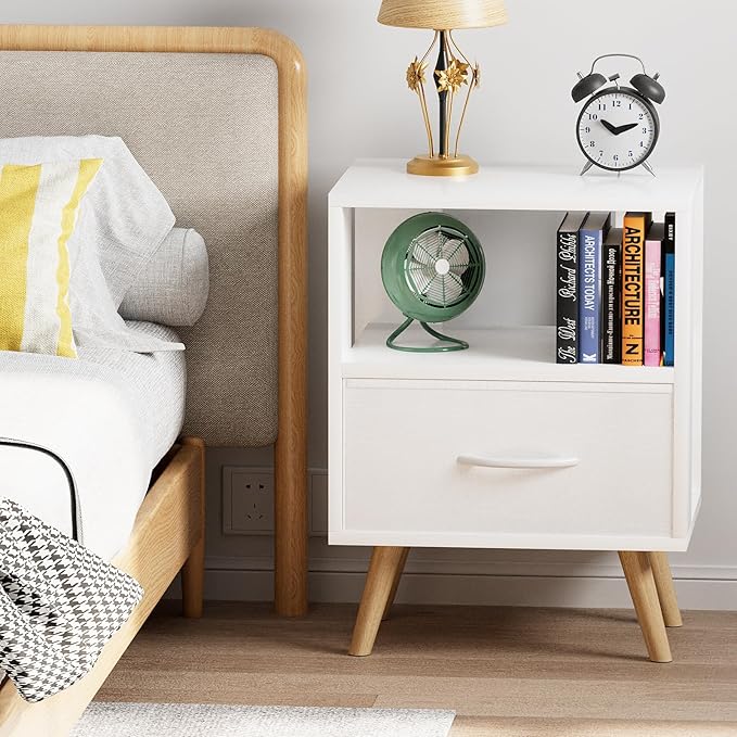 Night Stand, White Kids Nightstand with Drawer, Nursery Side Table with Open Storage, 2-Tier Modern End Table, Bedside Table for Small Space, Living Room, Bedroom