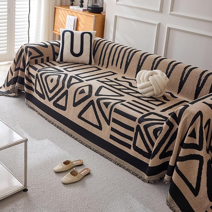 HANDONTIME Boho Geometric Couch Covers for Sofa Pet Friendly Taupe and Black Sofa Covers Washable Chenille Couch Blanket Cover for 2 3 Cushion Couches Pet Protector Furniture Cover Soft, 71" X 118"
