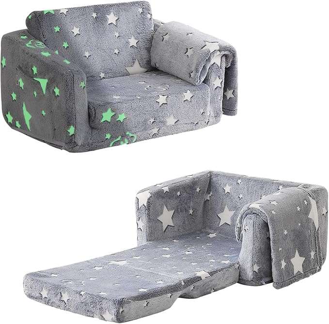Kids Couch Fold Out, Foldable Toddler Couch with Blanket, Kids Sofa for Girls & Boys, Flip Out Toddler Chair, Convertible Sofa to Lounger for Children Age 1-3 (Glow Star)