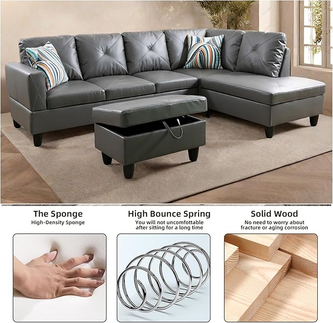 L Shaped Sectional Couches, Leather Modular Sectional Sofa with Ottoman Storage, Modern Lounge Sofa with Chaise for Living Room, Bedroom, Small Spaces, Gray