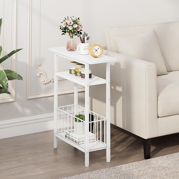 Vagusicc Narrow Side Table, Skinny Side Table for Couch, 3-Tier Small End Table for Small Spaces, Bed Side Tables with Storage, 25.2" Tall Slim Nightstand Bedside table for Living Room, Bedroom, White