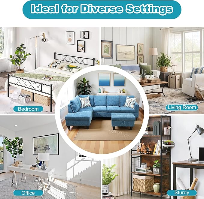 L Shaped Couch Modern Sectional Couch Upholstered Flannel Fabric 3 Pieces Sofas for Living Room with Chaise, Storage Ottoman for Office and Small Apartment, Blue