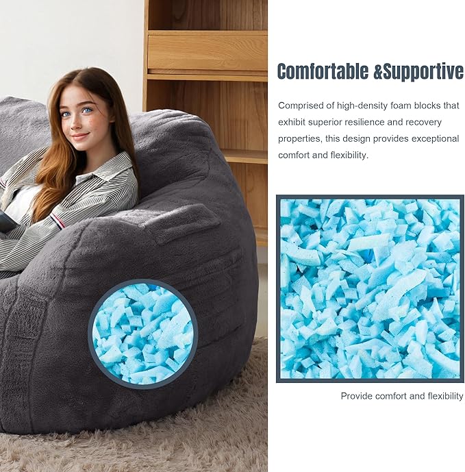 Large Bean Bag Chairs for Adults - Oversized Memory Foam Filled Bean Bag Sofa | Fluffy Adult Bean Bag Chair, Big Bean Bag Chairs for Living Room, Bedroom & Dorm - Dark Gray
