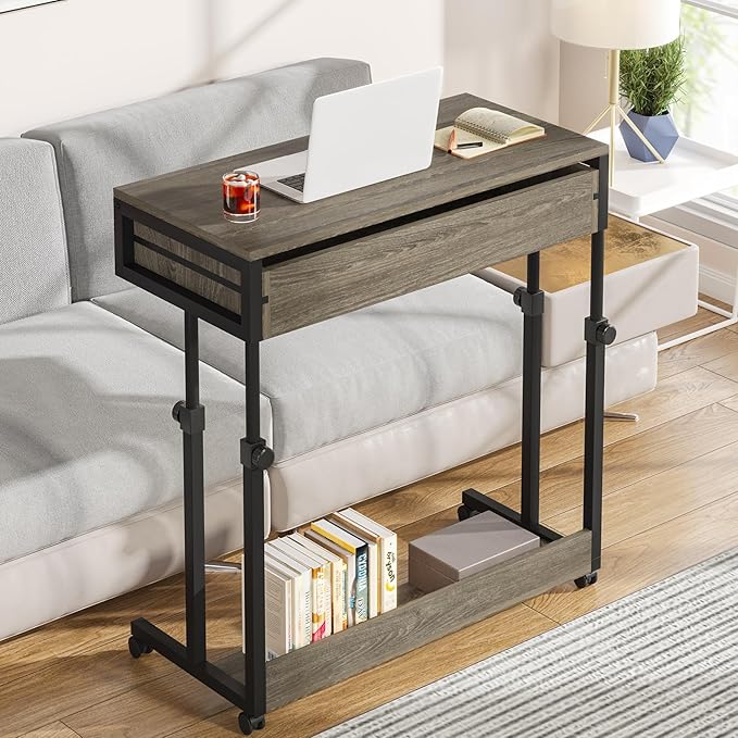 Tribesigns Portable Desk with Drawers, Mobile Laptop Desks with Wheels, Couch Desk Sofa Side Table, Small Standing Desks for Home Office (Retro Grey)