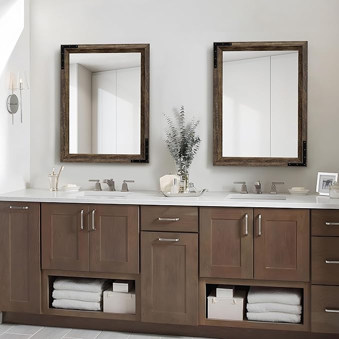 YOSHOOT Farmhouse Bathroom Mirror, Rustic Wooden Framed Mirror, Wood Vanity Mirror, Solid Wood & Handmade, Vertical or Horizontal Hanging for Bathroom Entryway Living Room Bedroom, 40" x 30", Brown