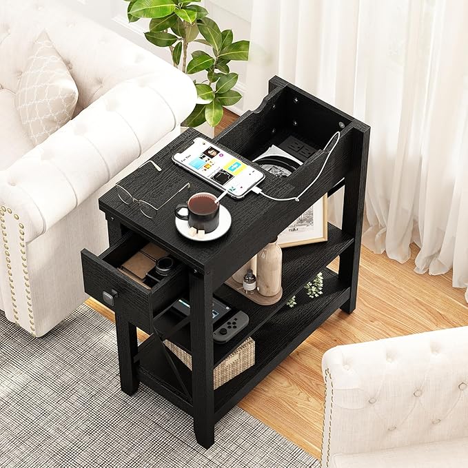 Narrow End Table with Charging Station - Farmhouse Slim Side Table Set of 2, w/USB Ports Power Outlets, Nightstand w/Flip Top Storage Drawer, for Small Spaces Living Room Bedroom, Black