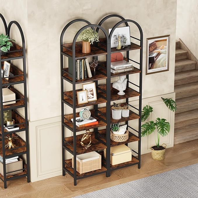 LITTLE TREE 78.7 Inches Tall Arched Bookshelf, 6 Tiers Skinny Open Bookcase with Metal Frame, Freestanding Corner Display Shelves Rack for Living Room, Home Office, Brown