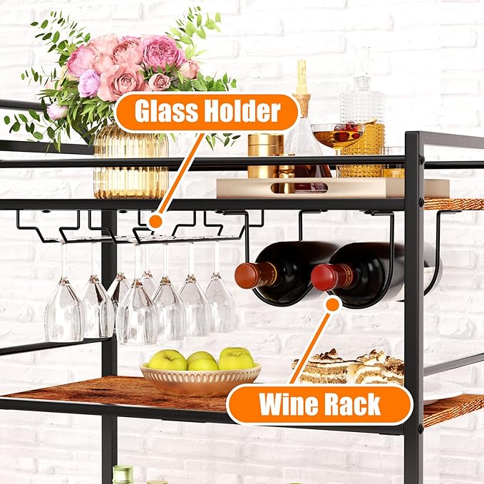 Bar Cart, Home Bar Serving Cart, 3-Tier Drink Cart with Wine Rack, Glass Holder, Wine cart with One-Piece Wood Shelves, Rolling Bar Cart for Kitchen, Dining Room, Living Room, Rustic Brown